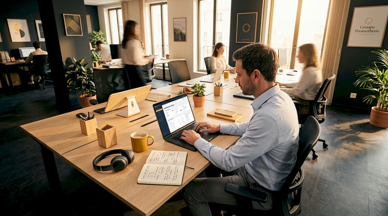 Un employé installé à son poste, en pleine activité dans un espace de travail partagé.