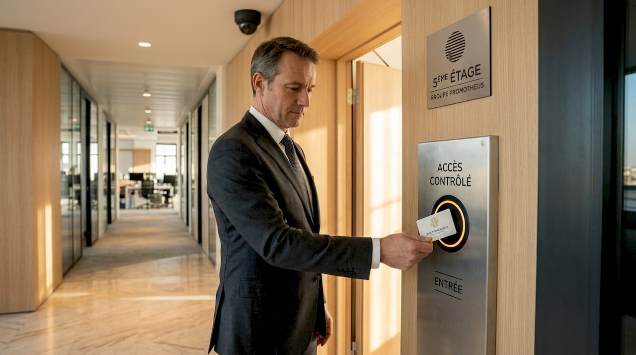 Un responsable qui gère les accès au bureau grâce à un système de contrôle sécurisé.