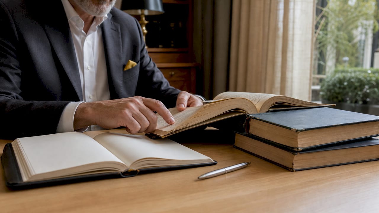 Un avocat parcourant attentivement les pages d’un ouvrage de droit