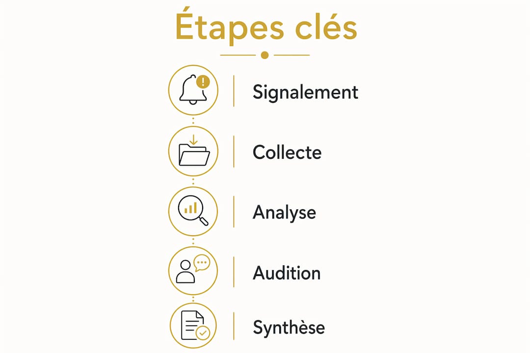 Visuel présentant les grandes étapes d'une enquête en milieu professionnel