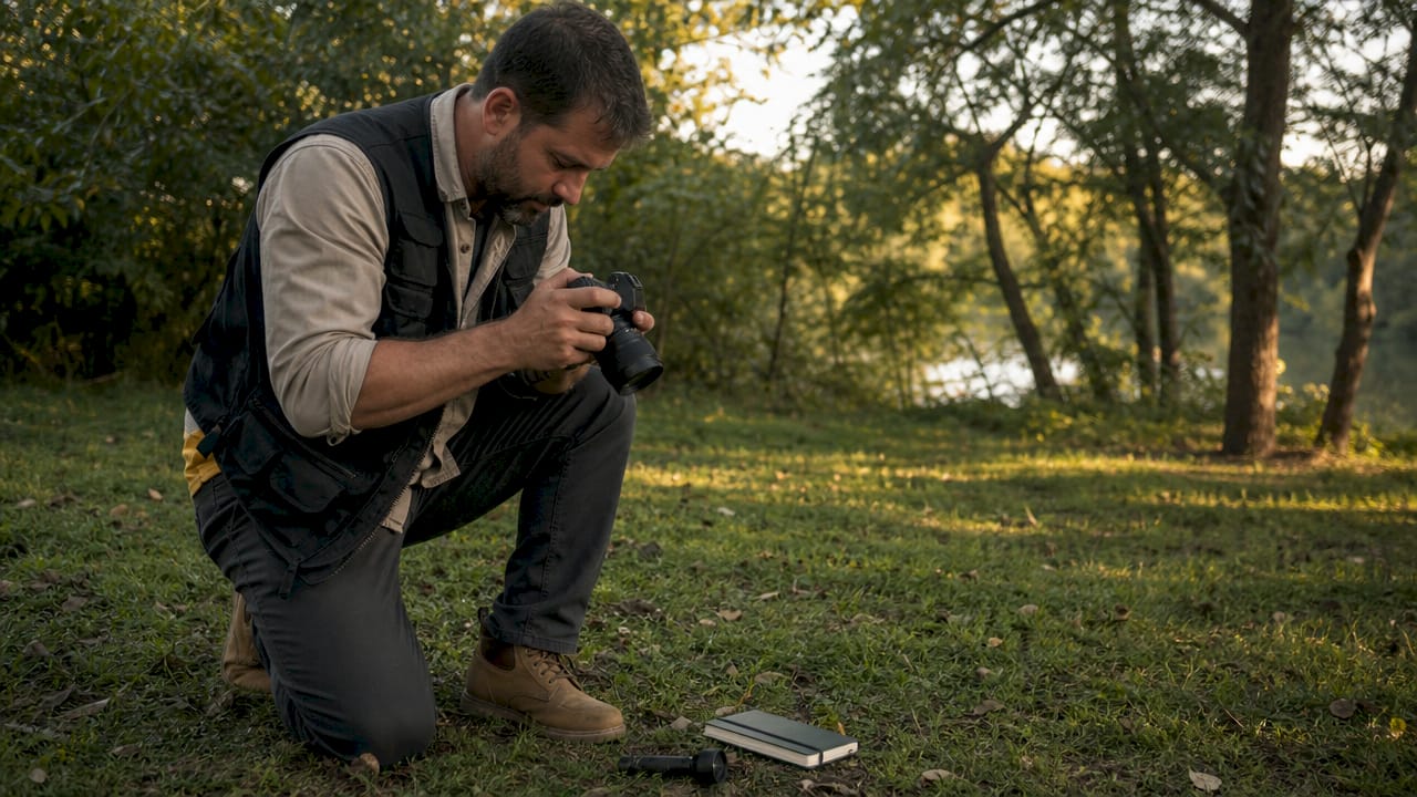 Un enquêteur sur le terrain, immortalisant des indices à l’aide de son appareil photo.