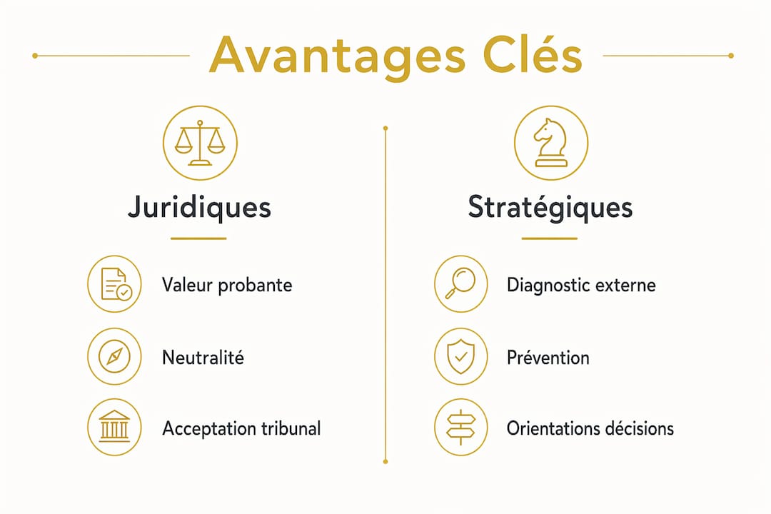 Infographie mettant en parallèle les atouts juridiques et les bénéfices stratégiques