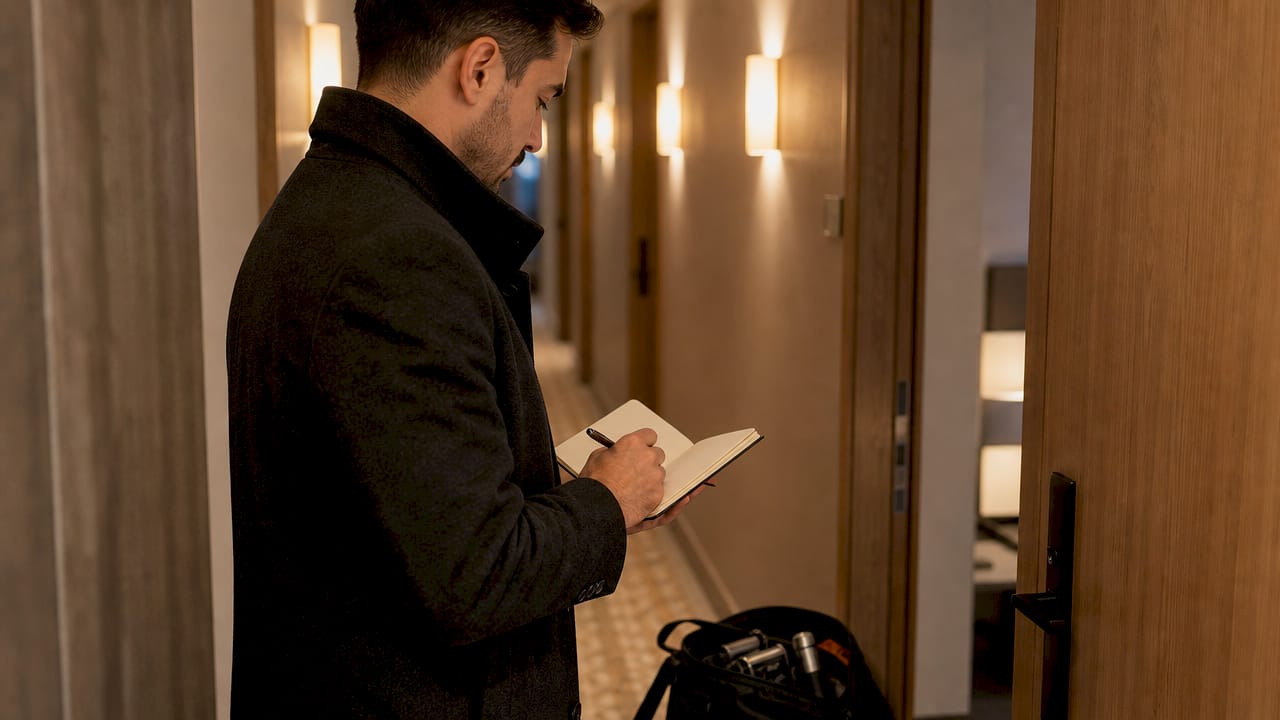 Un enquêteur consignant ses observations à l’intérieur