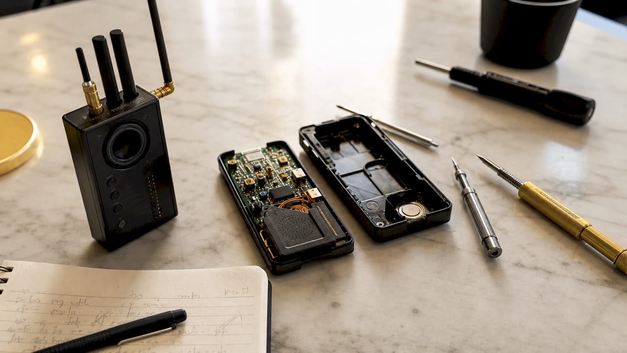 Bureau équipé d’un détecteur de fréquences radio et d’un micro espion démonté posé à côté.
