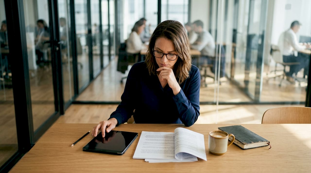Une femme examine attentivement les résultats d’une enquête menée par un organisme externe.