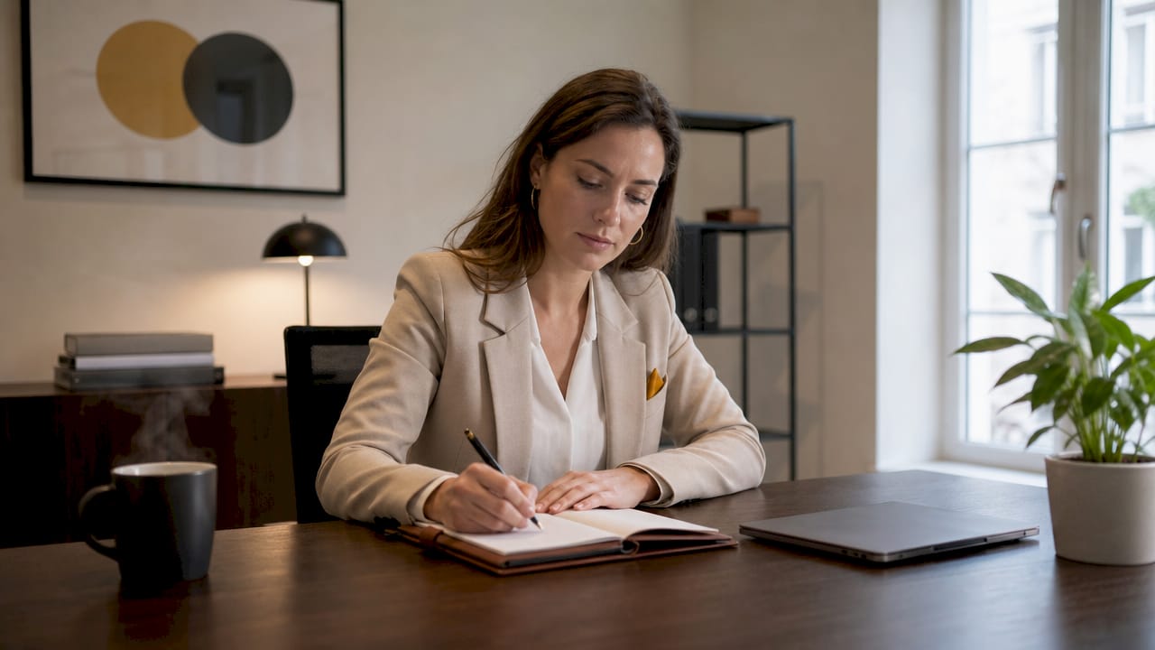 Une femme prend des notes à son bureau, dans un espace de travail contemporain.
