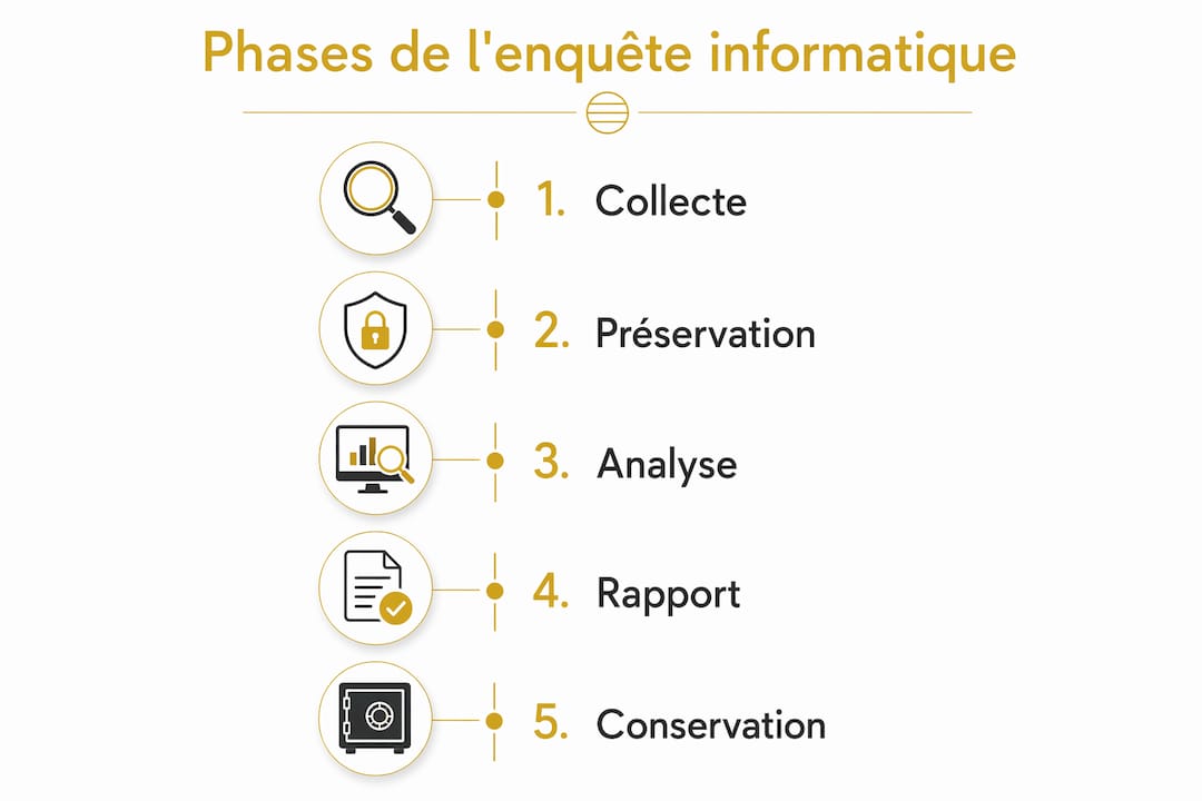 Visuel présentant les grandes étapes d’une investigation numérique