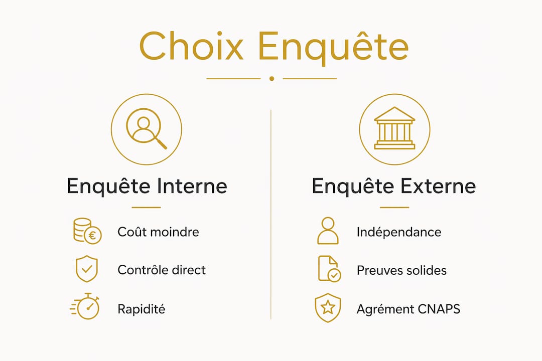 Infographie : les différences entre enquête interne et enquête externe, illustrées par les principaux critères à prendre en compte