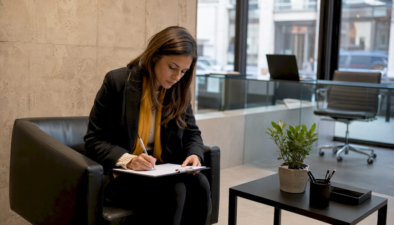Une cliente en train de compléter une demande de devis directement à l’agence
