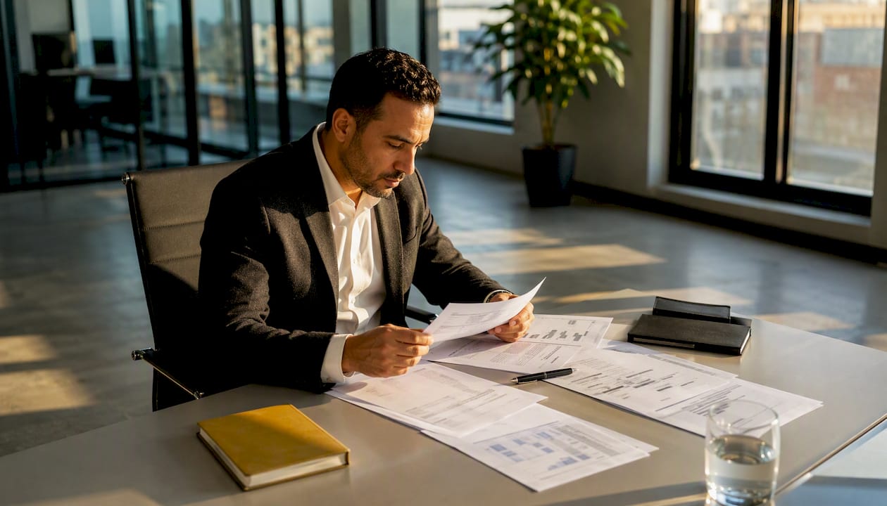 Des mains passent en revue des factures et des documents juridiques étalés sur un bureau.