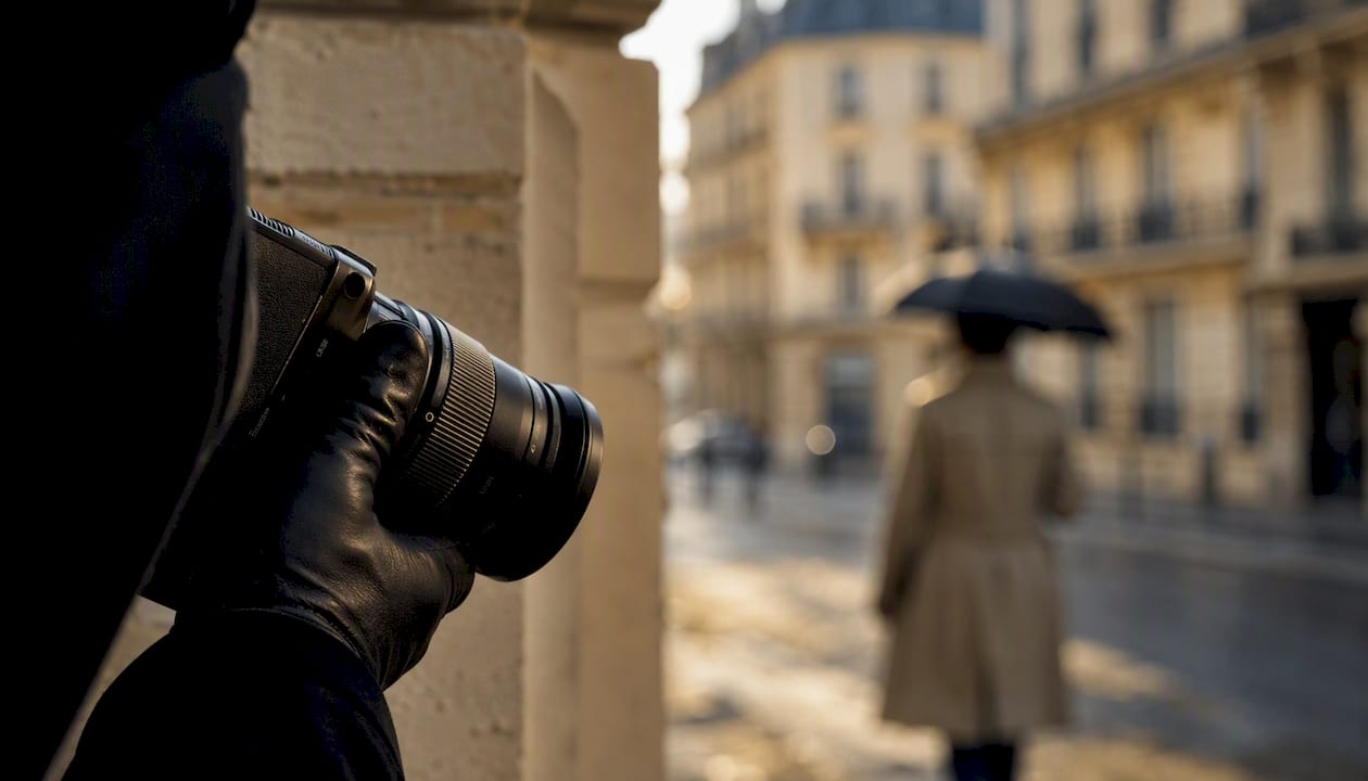 Objectif de caméra braqué en gros plan lors d'une opération de surveillance dans la rue.
