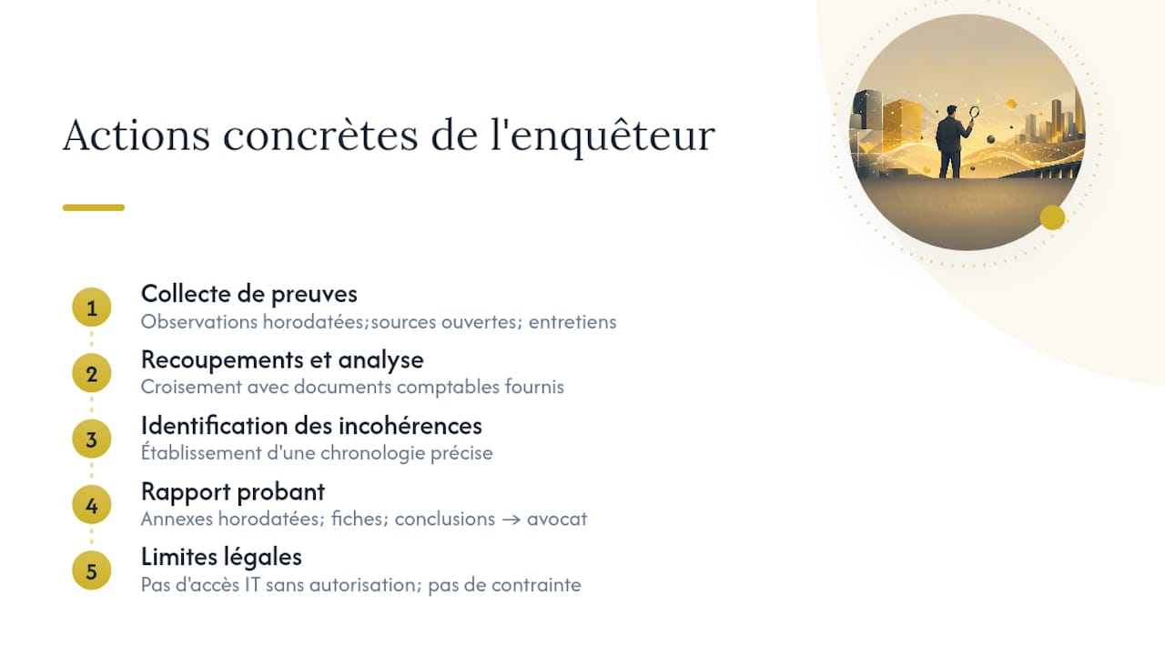 Que fait concrètement un enquêteur sur des anomalies comptables ? — overview diagram