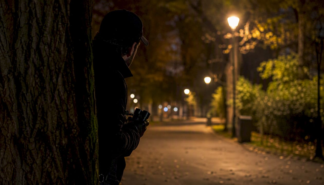 Dans la pénombre de la nuit, l’ombre d’un détective rôde discrètement aux abords d’une maison privée.