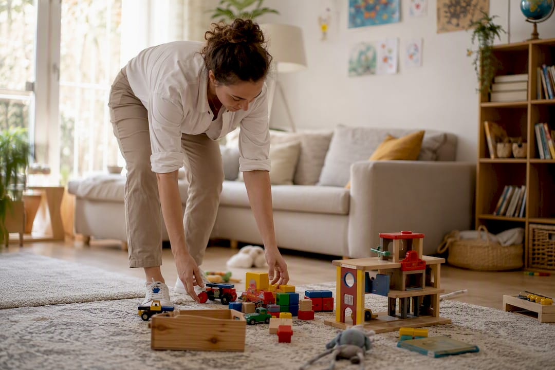 Une assistante sociale remet de l’ordre dans les jouets d’un enfant dans sa chambre.