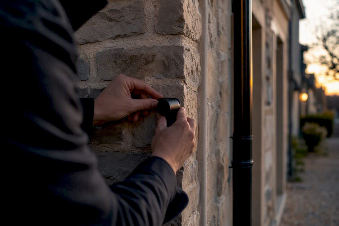 Enquêteur en train d'installer du matériel de surveillance en extérieur