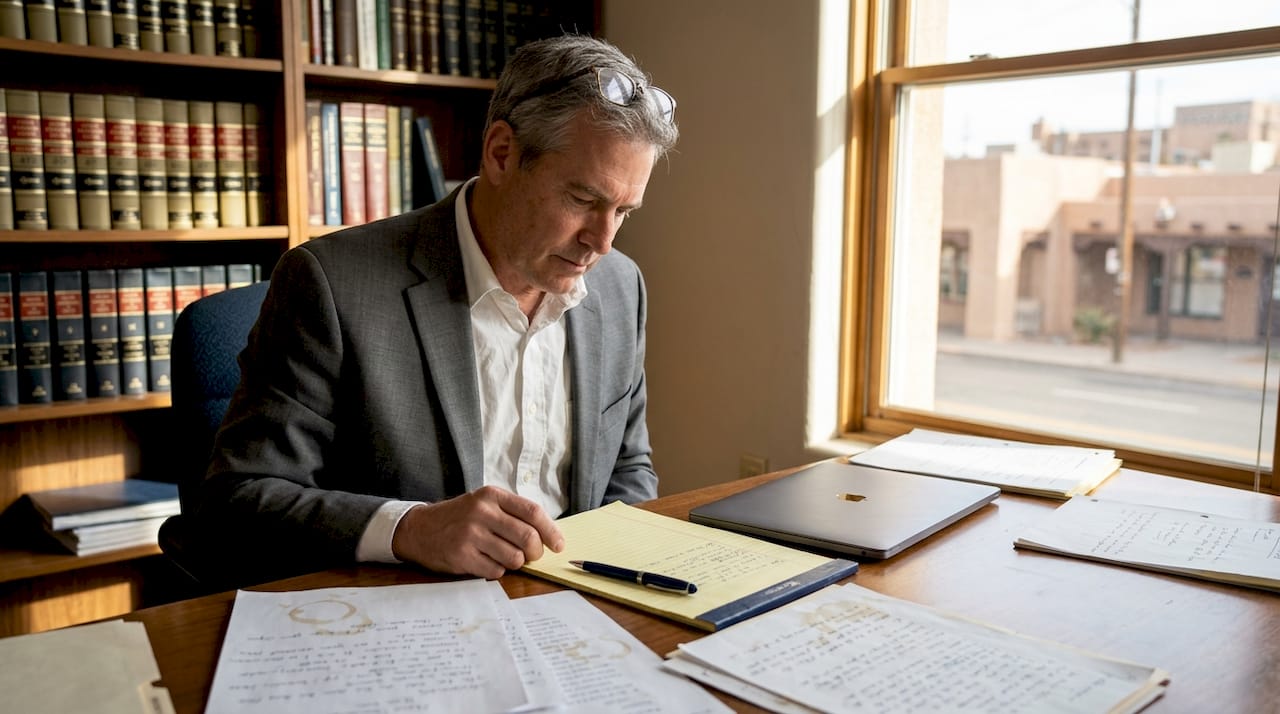 Attorney reviewing case notes in office