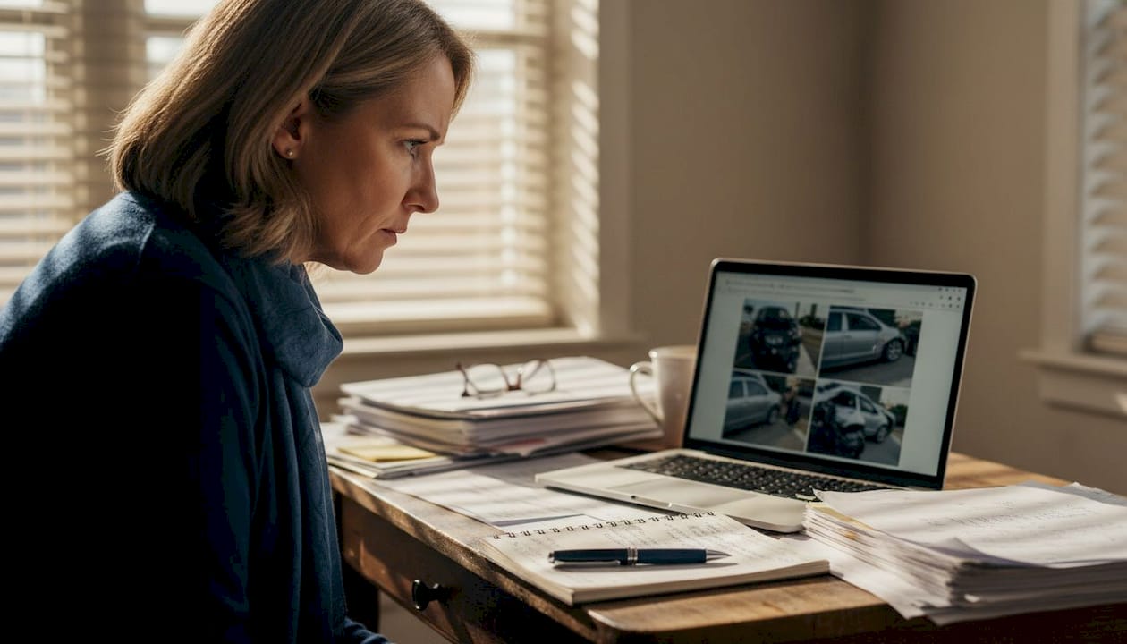 Insurance adjuster reviewing car crash photos