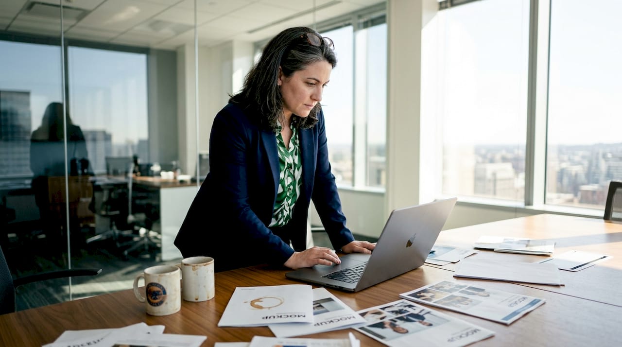 Manager reviewing branded photos in corner office