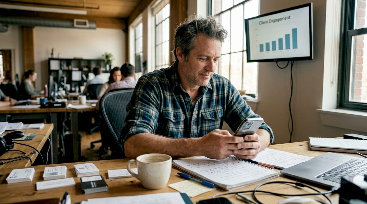 Business owner checking client engagement data