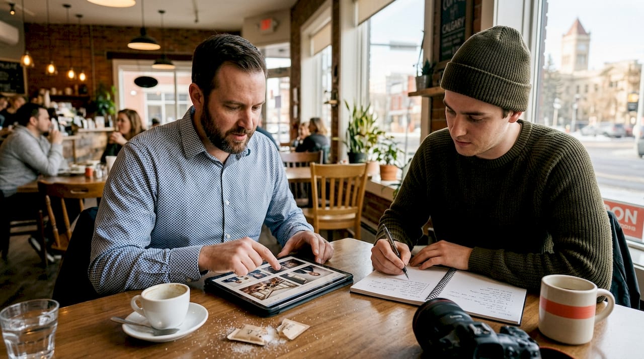Branding shoot planning at Calgary café