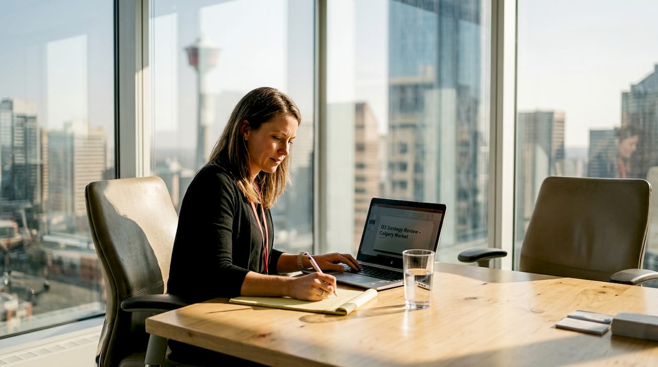 Consultant reviewing work in Calgary office setting