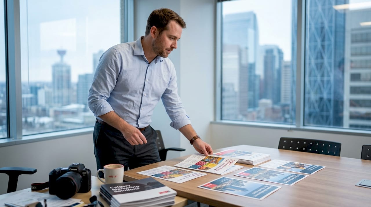 Calgary office manager reviewing marketing prints