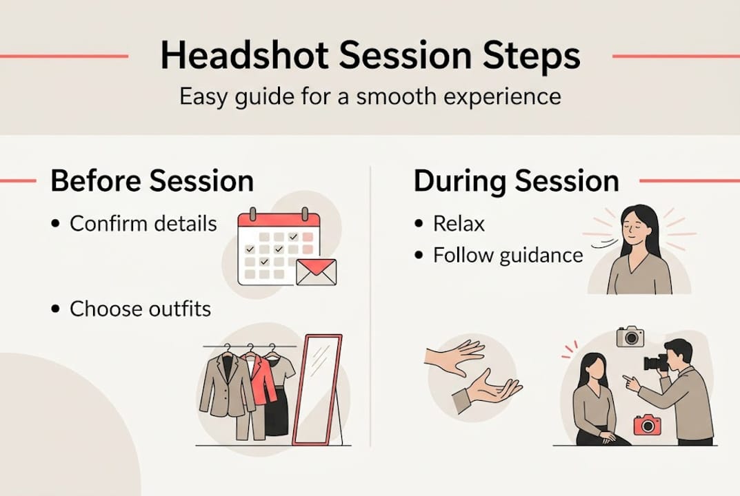 Infographic illustrating steps of a headshot session