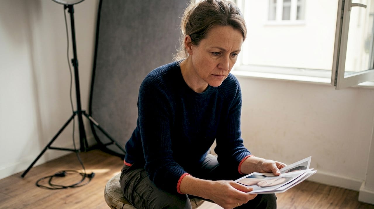 Client reviewing printed headshot proofs in studio