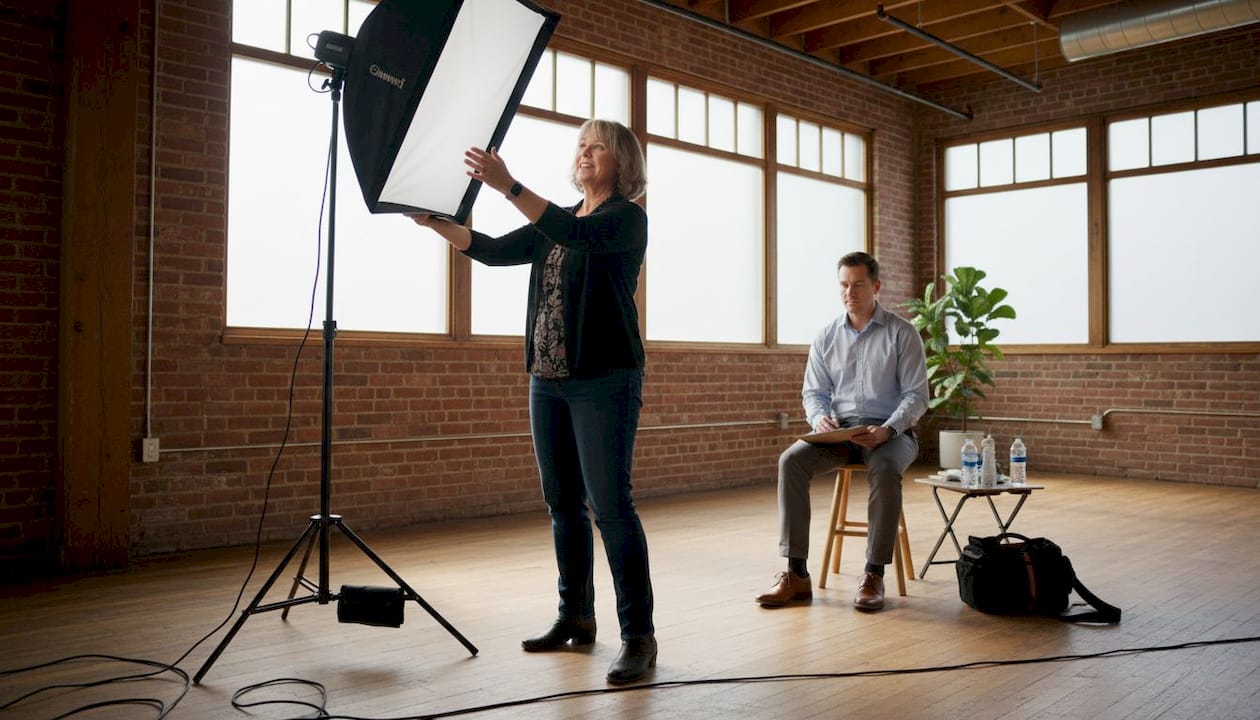 Photographer adjusting lighting in business studio
