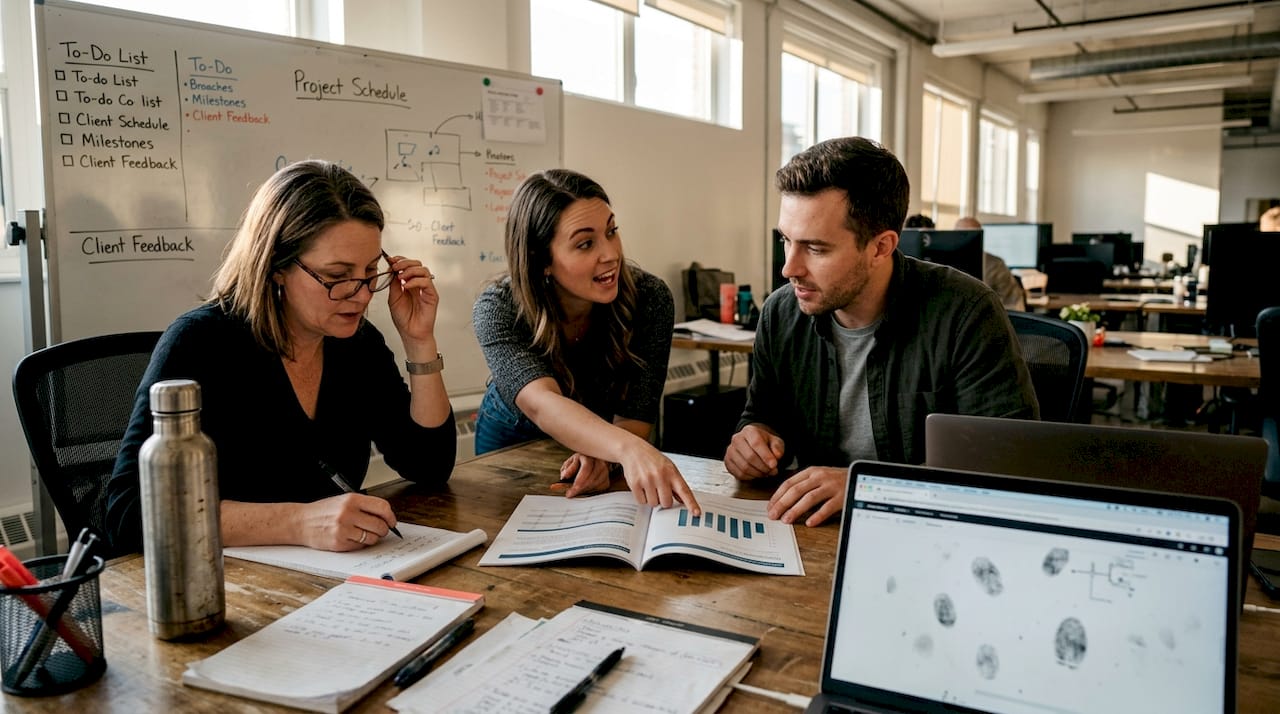 Team reviewing documents in casual meeting