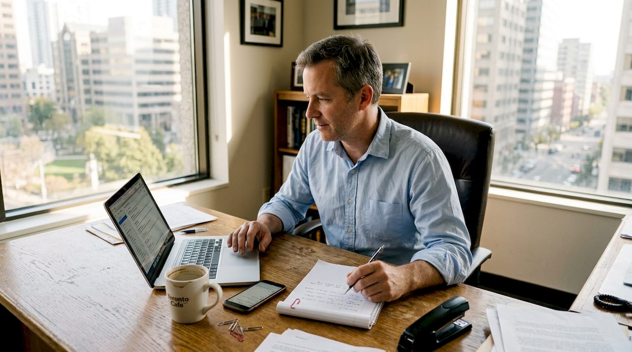 Business owner reading emails in city office
