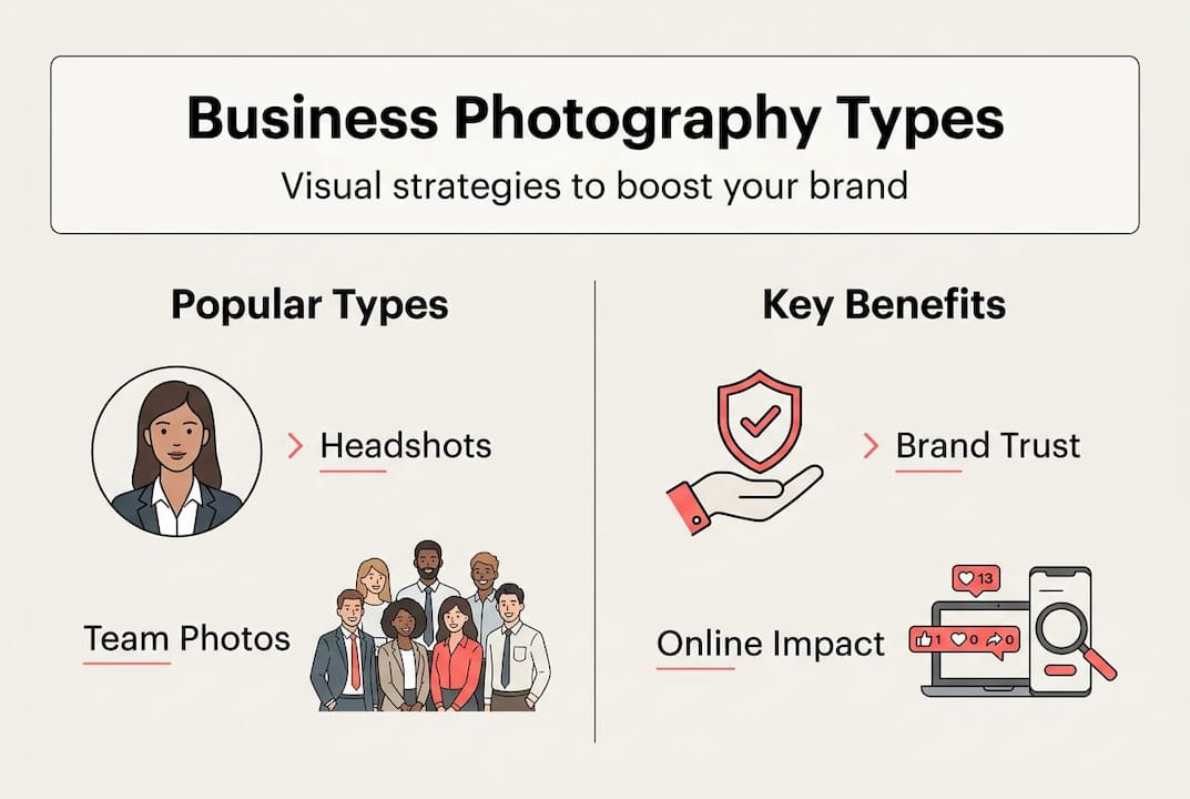 Infographic summarizing business photography types and benefits