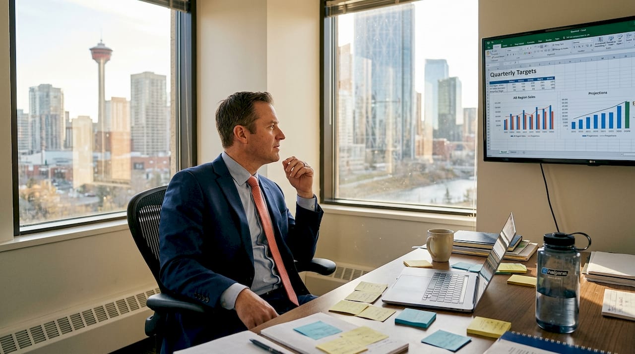 Professional reviewing work in corner office