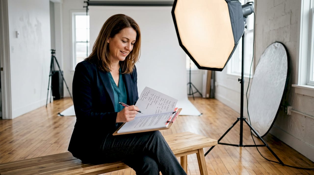 Businesswoman reviews notes in bright photo studio