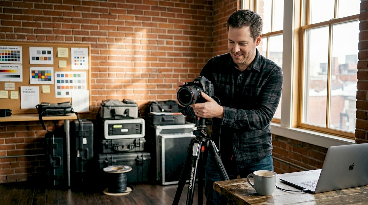 Photographer in Calgary studio adjusting camera