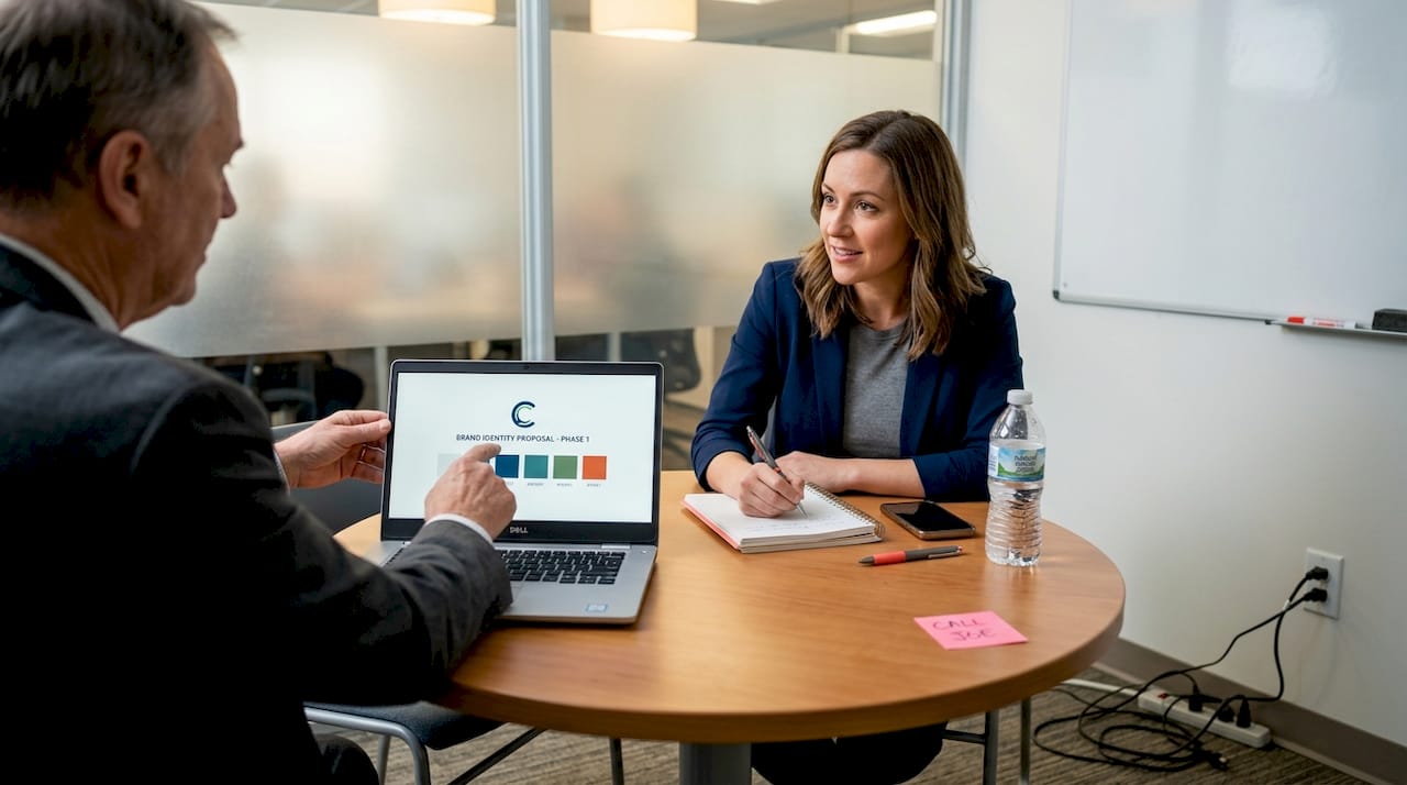 Photographer and clients discuss branding details