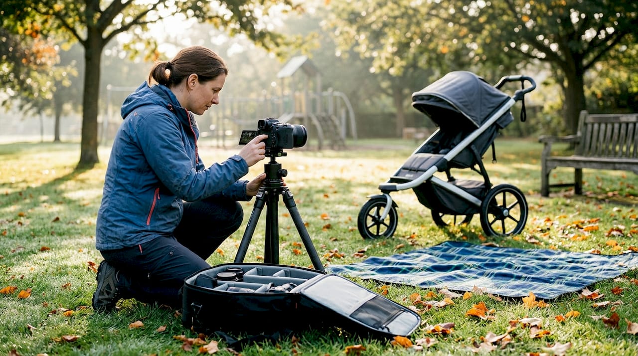 Photographer preparing for a family session outdoors
