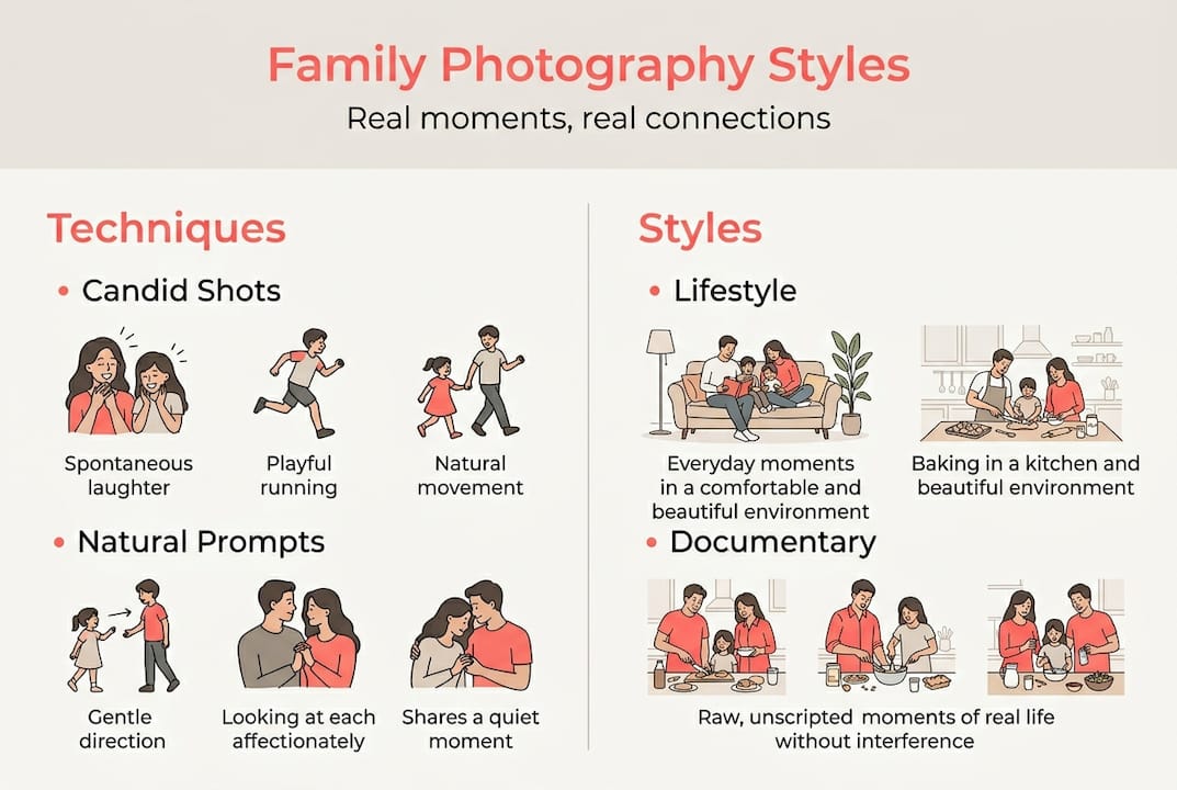 Infographic covering family photo styles and techniques