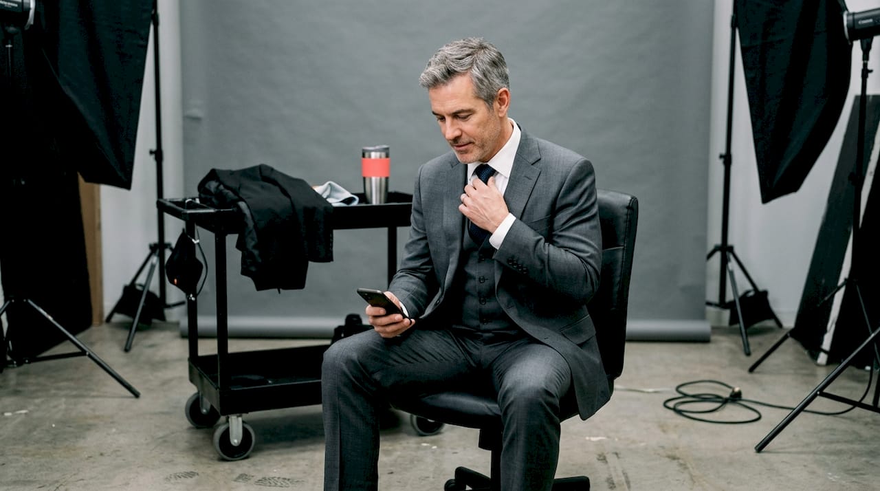 Lawyer adjusts tie during studio headshot session