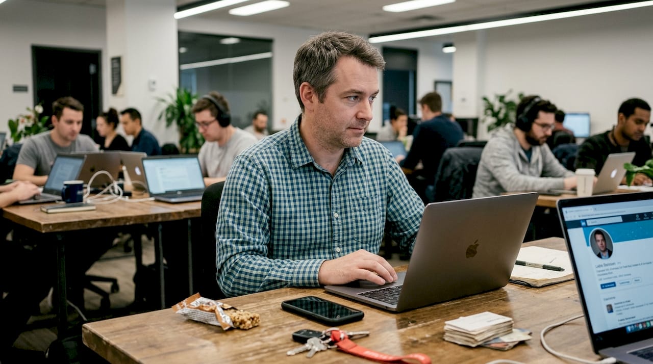 Man noticing his outdated headshot on laptop