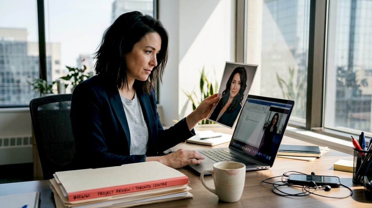 Woman comparing old headshot photo at desk