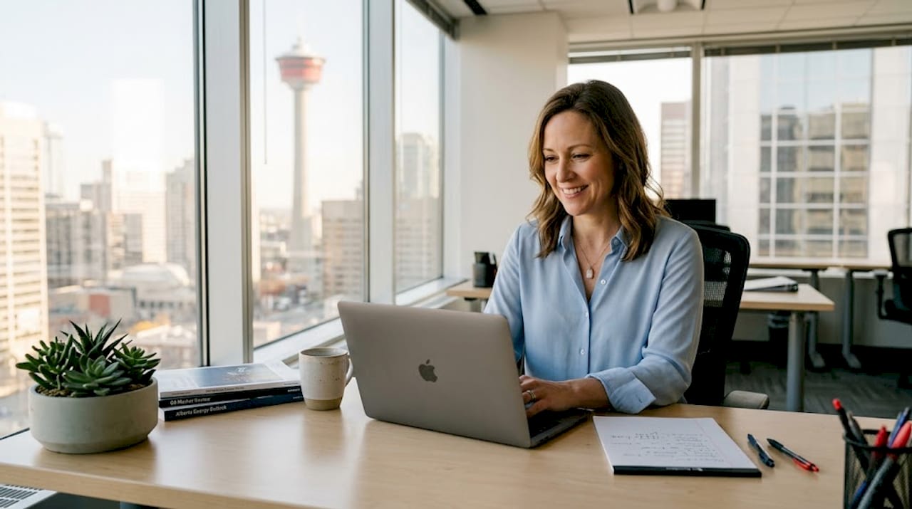 Calgary professional at desk with city view