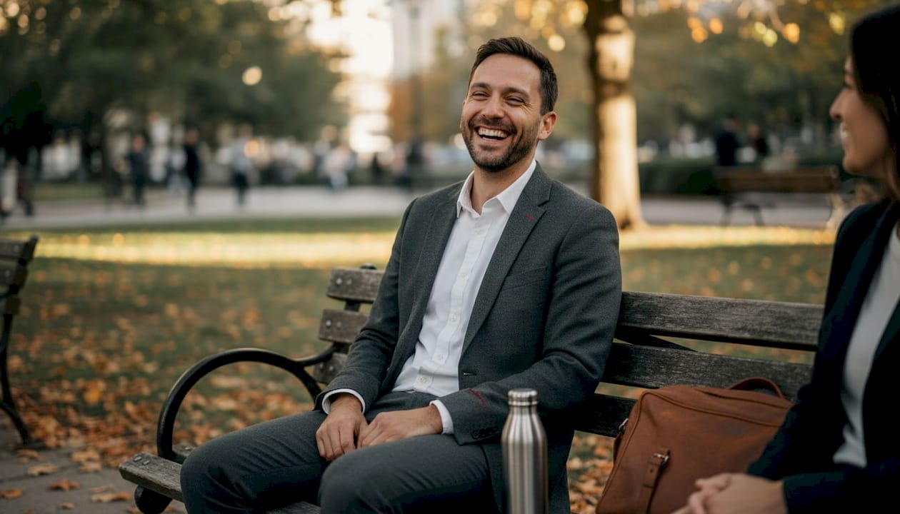 Consultant candidly laughing in outdoor park