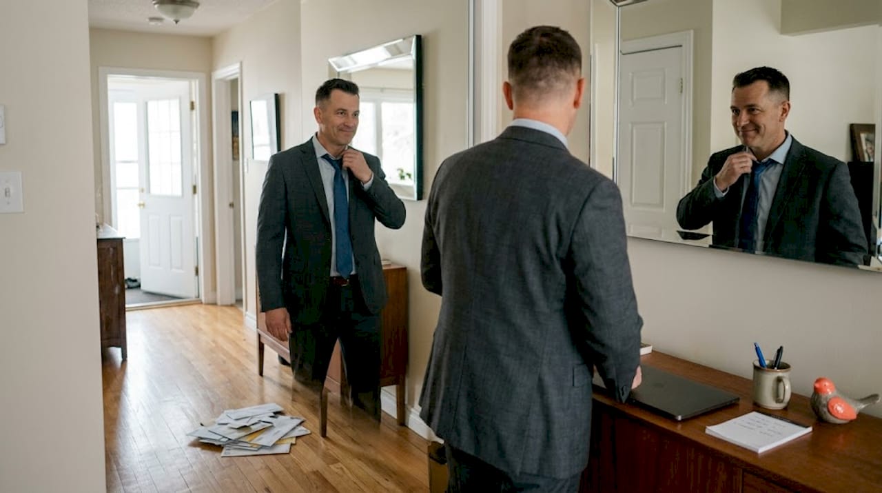 Professional practising headshot smile at mirror
