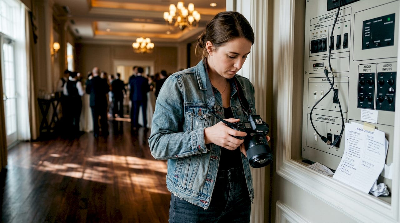 Photographer adjusting camera for mixed lighting