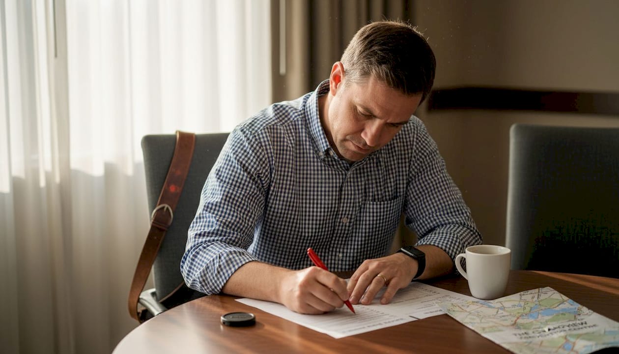 Photographer planning shot list in conference room