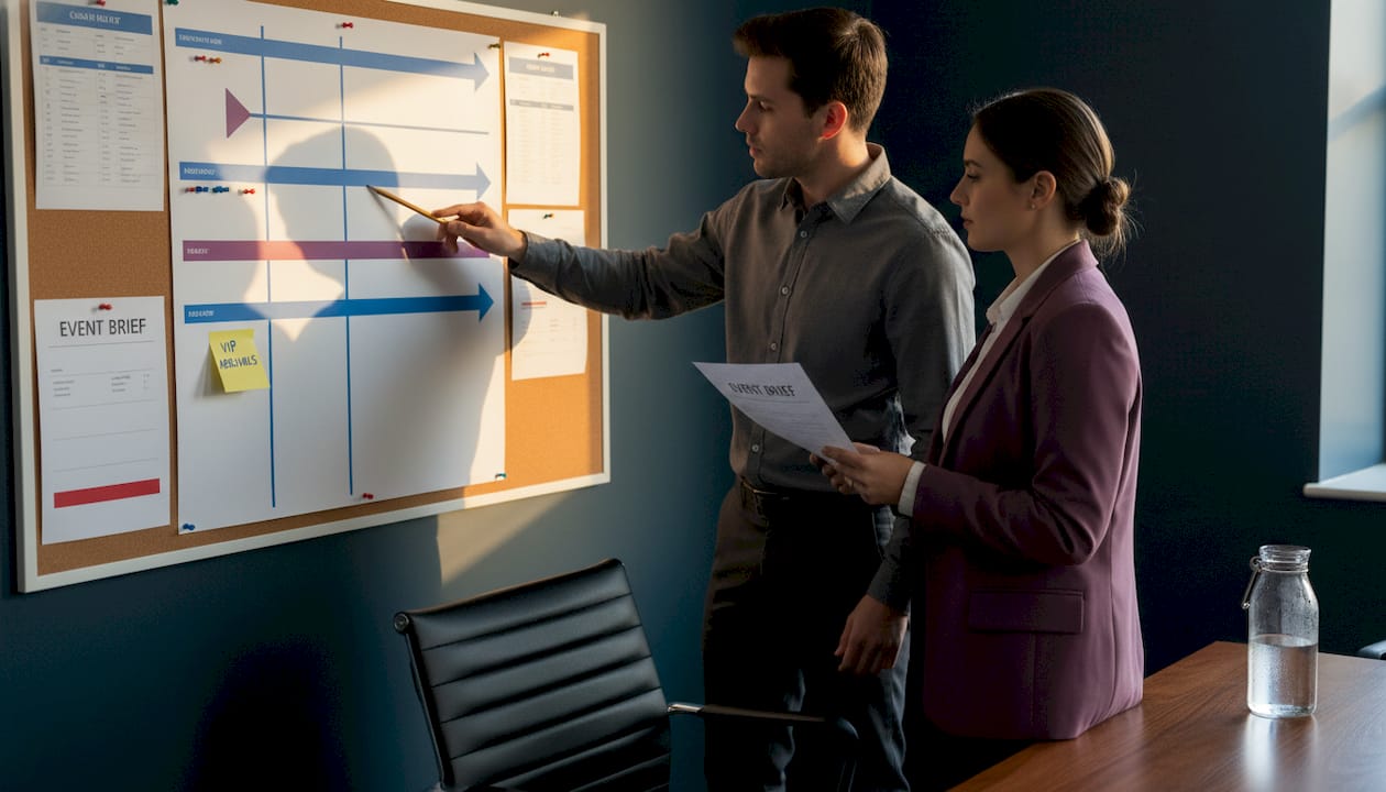 Coworkers planning event logistics together