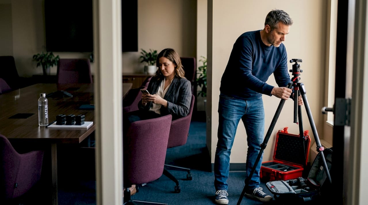 Photographer prepping headshot session meeting