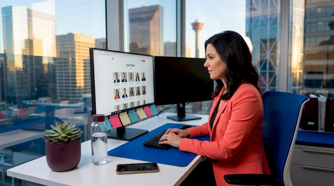 Manager viewing team headshots on office monitor