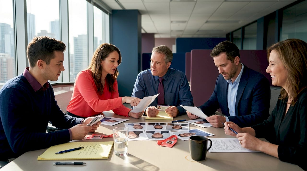 Coworkers reviewing headshots in Calgary office